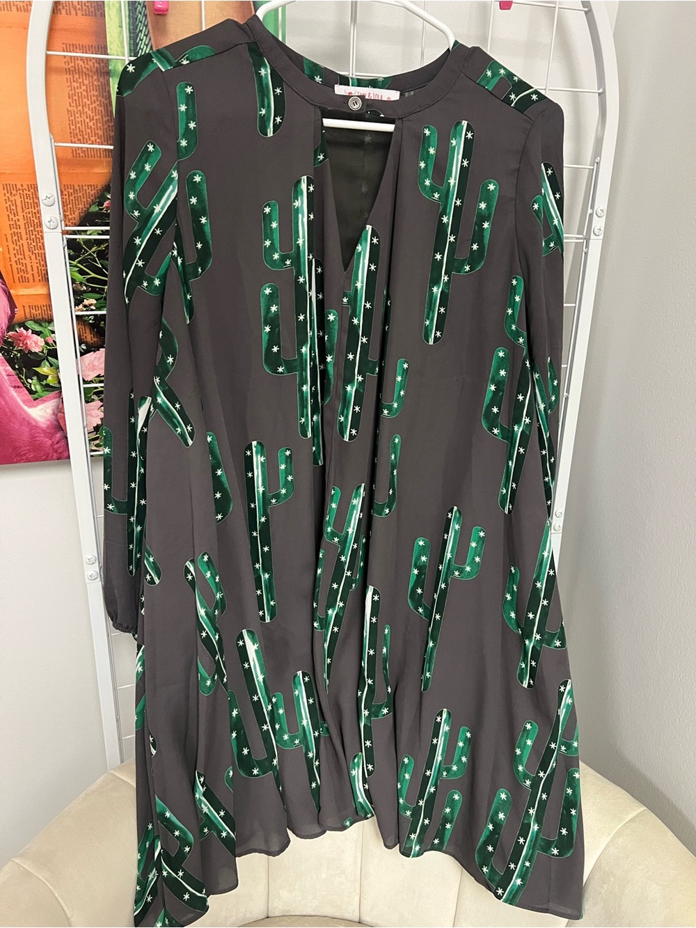 Izzy & Lola Charcoal Dress with Green Cactus Print
